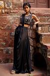 Buy_Tarini Vij_Black Georgette, Satin Bead Work, Cutdana Adya Pre-draped Saree With Blouse _at_Aza_Fashions