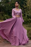Buy_Tarini Vij_Purple Georgette, Bhagalpuri Silk Sequins, Lotus Print Round Brinda Lehenga Set _at_Aza_Fashions