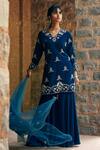 Buy_Tarini Vij_Blue Velvet Hand Embroidered Floral V Neck Bani Sharara Set _at_Aza_Fashions
