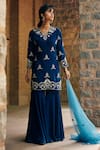 Tarini Vij_Blue Velvet Hand Embroidered Floral V Neck Bani Sharara Set _Online_at_Aza_Fashions