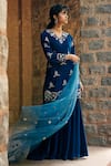 Buy_Tarini Vij_Blue Velvet Hand Embroidered Floral V Neck Bani Sharara Set _Online_at_Aza_Fashions