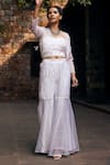 Buy_Tarini Vij_White Dobby Textured Organza Bead Work, Sequins, Surai Mahi Jacket Sharara Set _at_Aza_Fashions