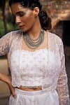 Buy_Tarini Vij_White Dobby Textured Organza Bead Work, Sequins, Surai Mahi Jacket Sharara Set _Online_at_Aza_Fashions
