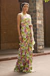 Buy_Tarini Vij_Multi Color Satin Printed Lotus V Neck Kiara Saree Gown _at_Aza_Fashions