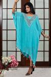 Buy_Seams Pret And Couture_Blue Georgette And Shantoon Mirror & Thread V Neck Work Kaftan _at_Aza_Fashions
