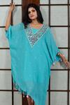 Buy_Seams Pret And Couture_Blue Georgette And Shantoon Mirror & Thread V Neck Work Kaftan _Online_at_Aza_Fashions