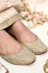 Buy_Coral Haze_Gold Embroidered Zari Juttis_at_Aza_Fashions