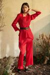 Tasuvure_Red Pleated Plain Round Paisley Peplum Top And Pant Set _Online_at_Aza_Fashions