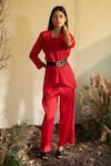 Shop_Tasuvure_Red Pleated Plain Round Paisley Peplum Top And Pant Set _at_Aza_Fashions