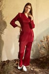 Shop_Tasuvure_Red Pleated Plain V Neck Whitney Wrap Top And Pant Set _at_Aza_Fashions