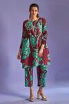 Tasuvure_Maroon Pleated Fabric Floral Print Round Olivia Tunic And Flared Pant Set _Online_at_Aza_Fashions