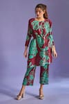 Buy_Tasuvure_Maroon Pleated Fabric Floral Print Round Olivia Tunic And Flared Pant Set _Online_at_Aza_Fashions