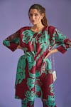Shop_Tasuvure_Maroon Pleated Fabric Floral Print Round Olivia Tunic And Flared Pant Set _Online_at_Aza_Fashions
