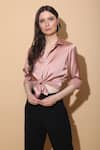 Buy_TORQADORN_Pink Satin Straight Collar Front Tie Up Shirt _at_Aza_Fashions