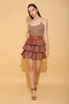 Shop_TORQADORN_Brown Faux Leather Tiered Pleated Skirt _at_Aza_Fashions