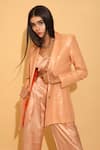 Shop_TORQADORN_Peach Satin Embroidery Sequin Jacket Lapel Collar Blazer And Pant Set _Online_at_Aza_Fashions