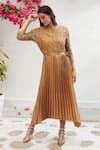 Buy_Tasuvure_Gold Pleated Polyester Round Jenny Crushed Belted Dress  _at_Aza_Fashions