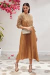 Shop_Tasuvure_Gold Pleated Polyester Round Jenny Crushed Belted Dress  _at_Aza_Fashions