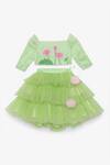 Buy_Tutus By Tutu_Green Crepe, Cotton, Tulle Pom-poms, Layered Frill Lehenga And Blouse Set_at_Aza_Fashions