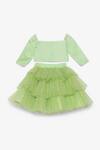 Shop_Tutus By Tutu_Green Crepe, Cotton, Tulle Pom-poms, Layered Frill Lehenga And Blouse Set_at_Aza_Fashions