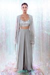 Buy_Taavare_Grey Tulle Sweetheart Neck Jacket And Silk Pleated Pant Set _at_Aza_Fashions