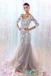 Buy_Taavare_Grey Tulle Round Floral Embroidered Fish Cut Gown _at_Aza_Fashions