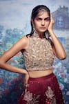 Shop_Taavare_Maroon Raw Silk Round Embroidered Bridal Lehenga Set _at_Aza_Fashions