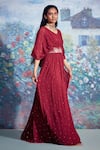 Shop_Taavare_Maroon Georgette V Neck Embroidered Kaftan Gown _at_Aza_Fashions