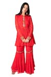 Buy_Taavare_Red Georgette Round Embroidered Peplum Kurta And Sharara Set _at_Aza_Fashions