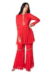 Shop_Taavare_Red Georgette Round Embroidered Peplum Kurta And Sharara Set _at_Aza_Fashions