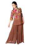 Buy_Taavare_Brown Georgette Round Embroidered Tunic And Flared Pant Set _at_Aza_Fashions