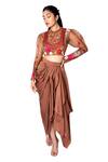 Shop_Taavare_Brown Organza Embroidered Crop Top And Draped Skirt Set_at_Aza_Fashions