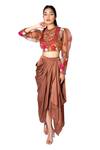 Buy_Taavare_Brown Organza Embroidered Crop Top And Draped Skirt Set_at_Aza_Fashions