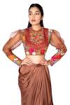 Shop_Taavare_Brown Organza Embroidered Crop Top And Draped Skirt Set_Online_at_Aza_Fashions
