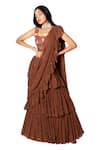 Buy_Taavare_Brown Raw Silk Square Neck Ruffle Pre-draped Saree With Blouse_at_Aza_Fashions