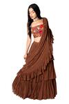 Taavare_Brown Raw Silk Square Neck Ruffle Pre-draped Saree With Blouse_Online_at_Aza_Fashions