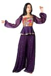 Shop_Taavare_Purple Georgette Square Neck Embroidered Peplum Top And Flared Pant Set _at_Aza_Fashions