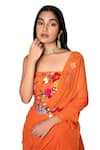 Taavare_Orange Raw Silk Square Neck Ruffle Pre-draped Saree With Blouse_Online_at_Aza_Fashions