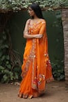 Shop_Taavare_Orange Raw Silk Embroidered Wildflower Saree Set_at_Aza_Fashions