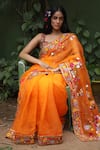 Taavare_Orange Raw Silk Embroidered Wildflower Saree Set_Online_at_Aza_Fashions