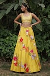 Shop_Taavare_Yellow Raw Silk Embroidered Wildflower Leaf Neck Bridal Lehenga Set _at_Aza_Fashions