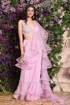 Buy_Julie by Julie Shah_Purple Crepe Embroidery V Neck Pre-draped Ruffle Saree With Blouse _at_Aza_Fashions