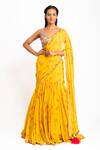 Buy_Prevasu_Yellow Georgette Printed And Embroidered Logo Lehenga Saree With Blouse  _at_Aza_Fashions