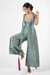 Twinkle Hanspal_Green Dupion Silk Embroidery V Neck Flared Jumpsuit  _Online_at_Aza_Fashions