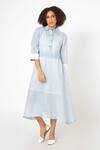 Buy_House Of Thl_Blue Pure Linen Aari Work Shirt Collar Camille Midi Dress_at_Aza_Fashions