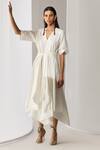 Buy_Twinkle Hanspal_White Cotton Poplin Solid V Neck Front Tie Up Dress _at_Aza_Fashions