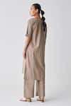 THREE_Grey Poplin Embroidered Stripe V Neck Straight Solid Tunic _Online_at_Aza_Fashions