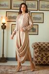 Buy_Twinkle Hanspal_Beige Satin Silk Dress Round Neck Draped With Embroidered Jacket _at_Aza_Fashions