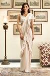Twinkle Hanspal_White Georgette Pre-draped Ruffle Saree_Online_at_Aza_Fashions