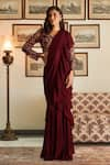 Buy_Twinkle Hanspal_Maroon Georgette V Neck Pre-draped Ruffle Pant Saree _at_Aza_Fashions